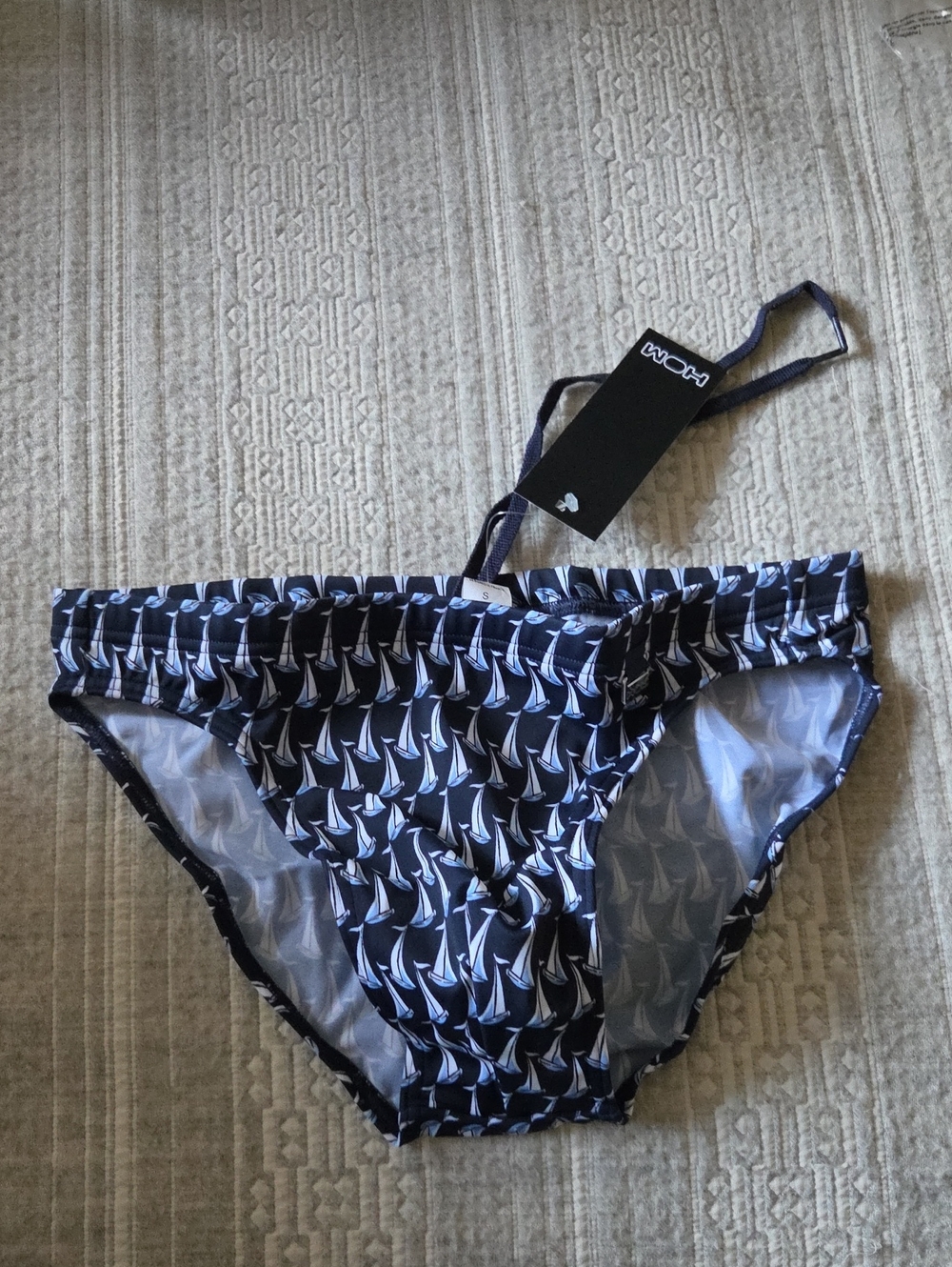 HOM. Navy Sailboat Print Kids Swim Briefs